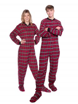 Red & Grey Plaid Footed Onesie Pajamas With Small Hearts